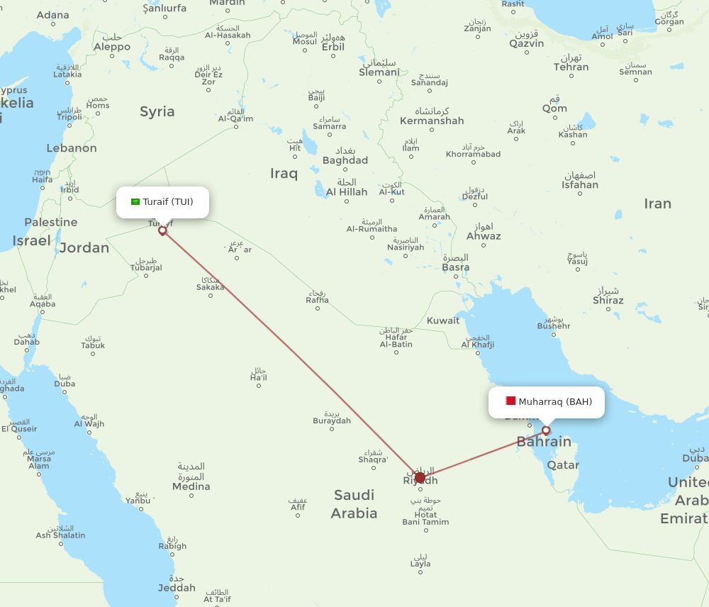 Bahrain - Turaif route map and flight paths