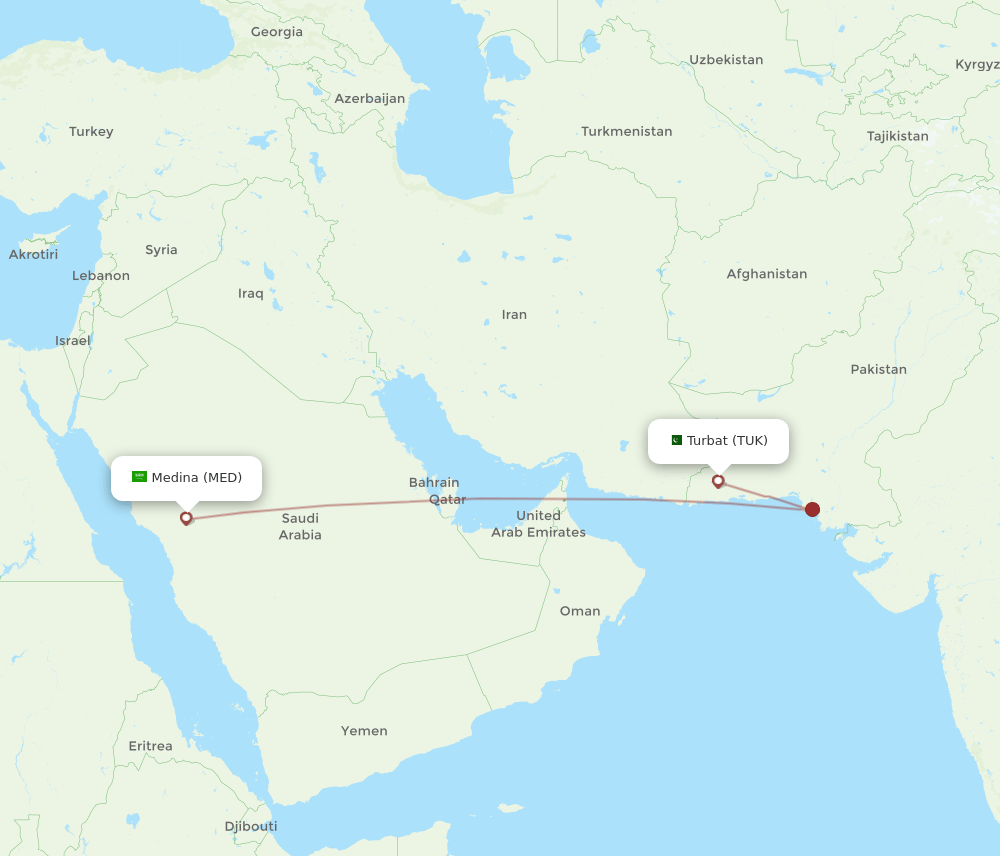 Madinah - Turbat route map and flight paths