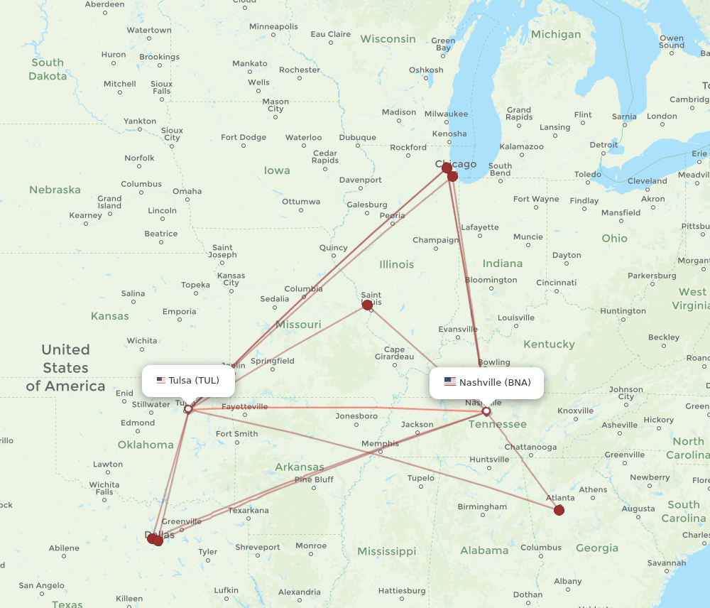 TUL-BNA flight routes