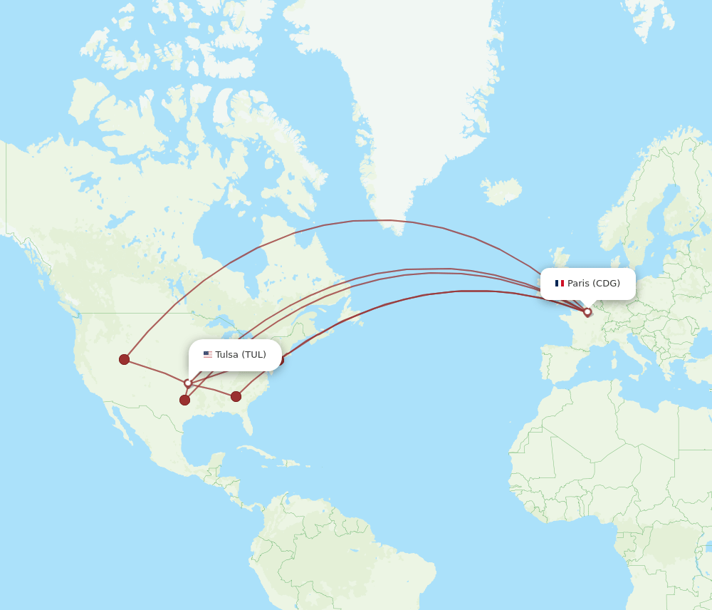 TUL to CDG flights and routes map