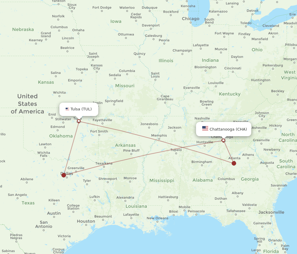 TUL-CHA flight routes