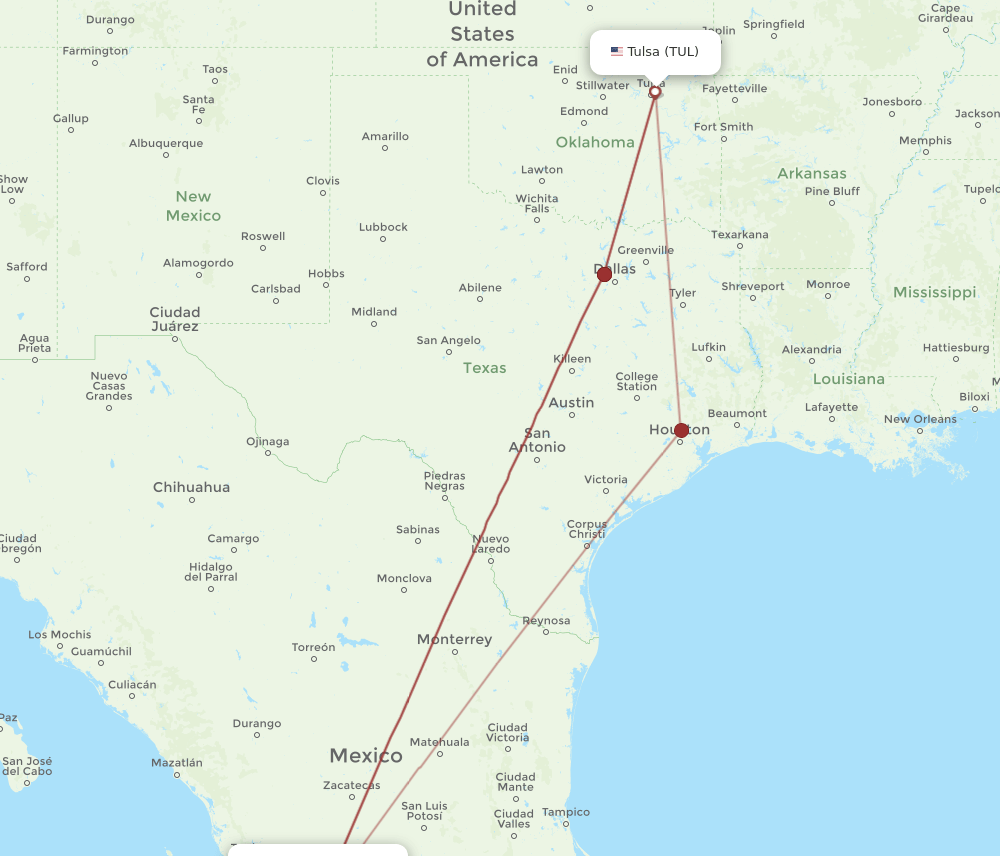 TUL-GDL flight routes