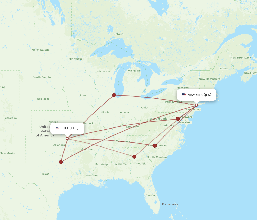 TUL to JFK flights and routes map