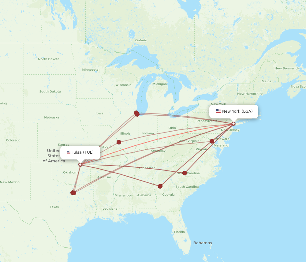 TUL to LGA flights and routes map