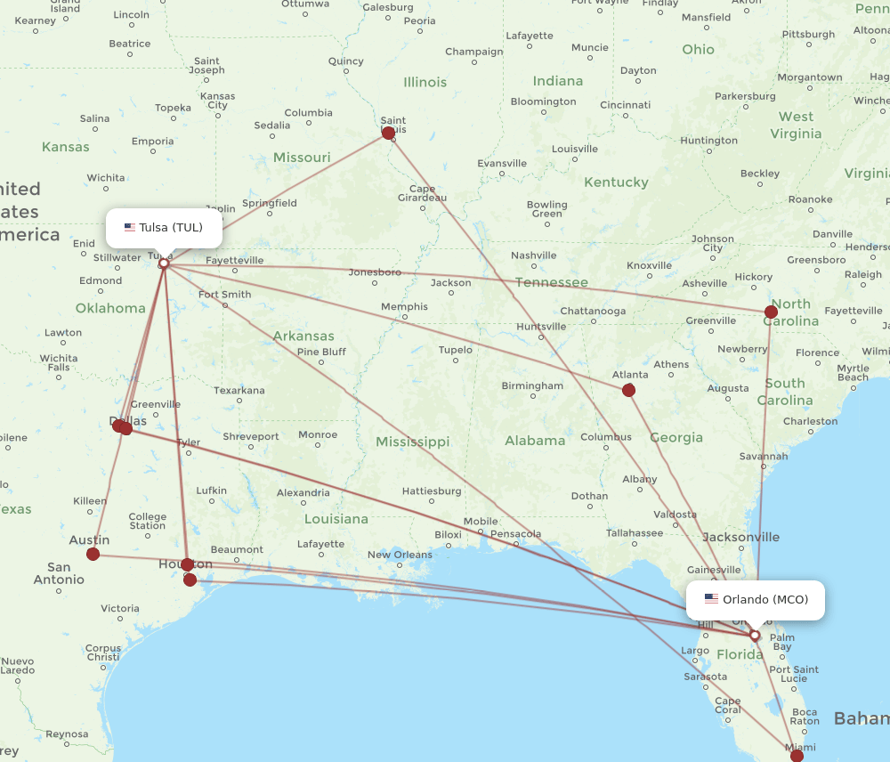 TUL to MCO flights and routes map