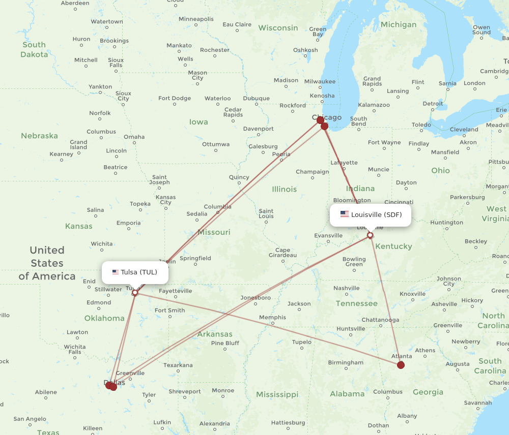TUL to SDF flights and routes map