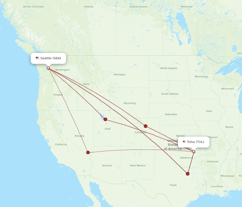 TUL to SEA flights and routes map