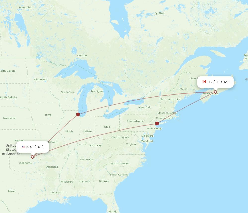 Halifax - Tulsa route map and flight paths