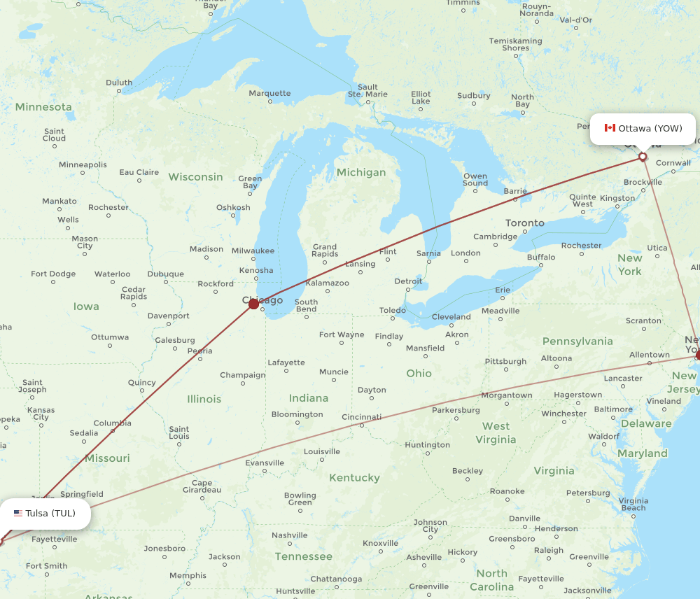 TUL to YOW flights and routes map