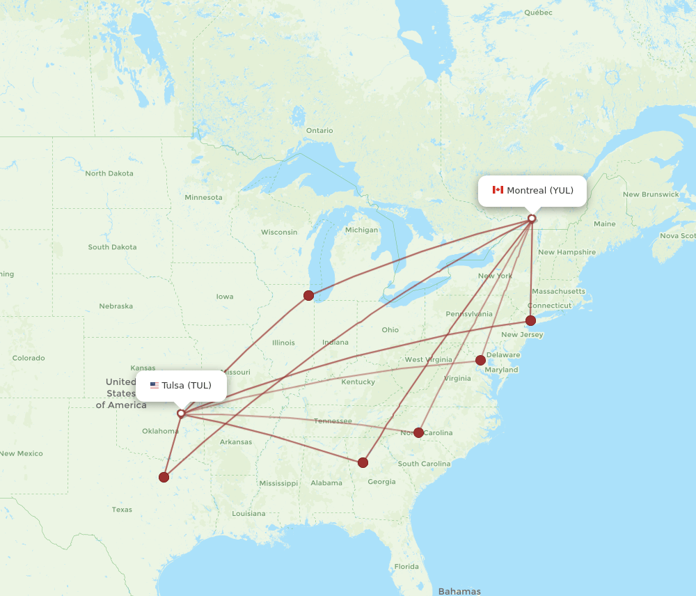 Montreal - Tulsa route map and flight paths