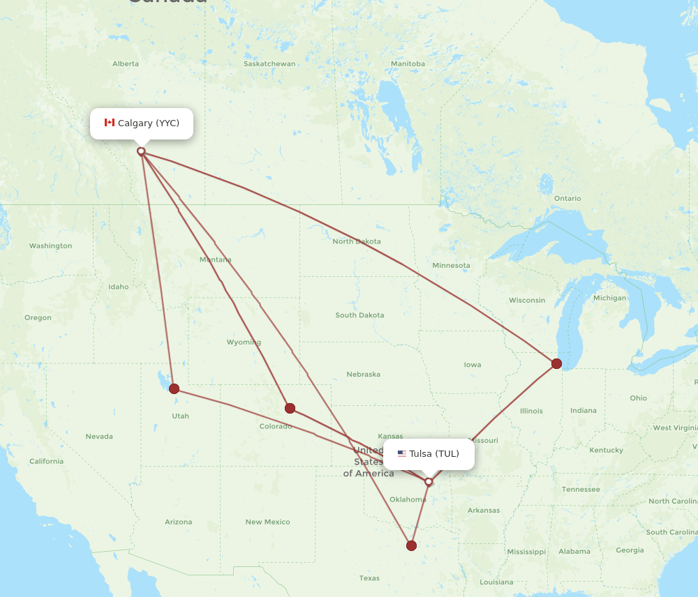 Calgary - Tulsa route map and flight paths