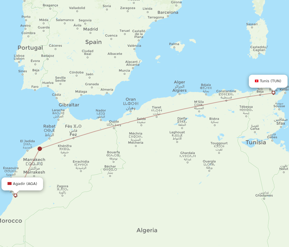 TUN-AGA flight routes