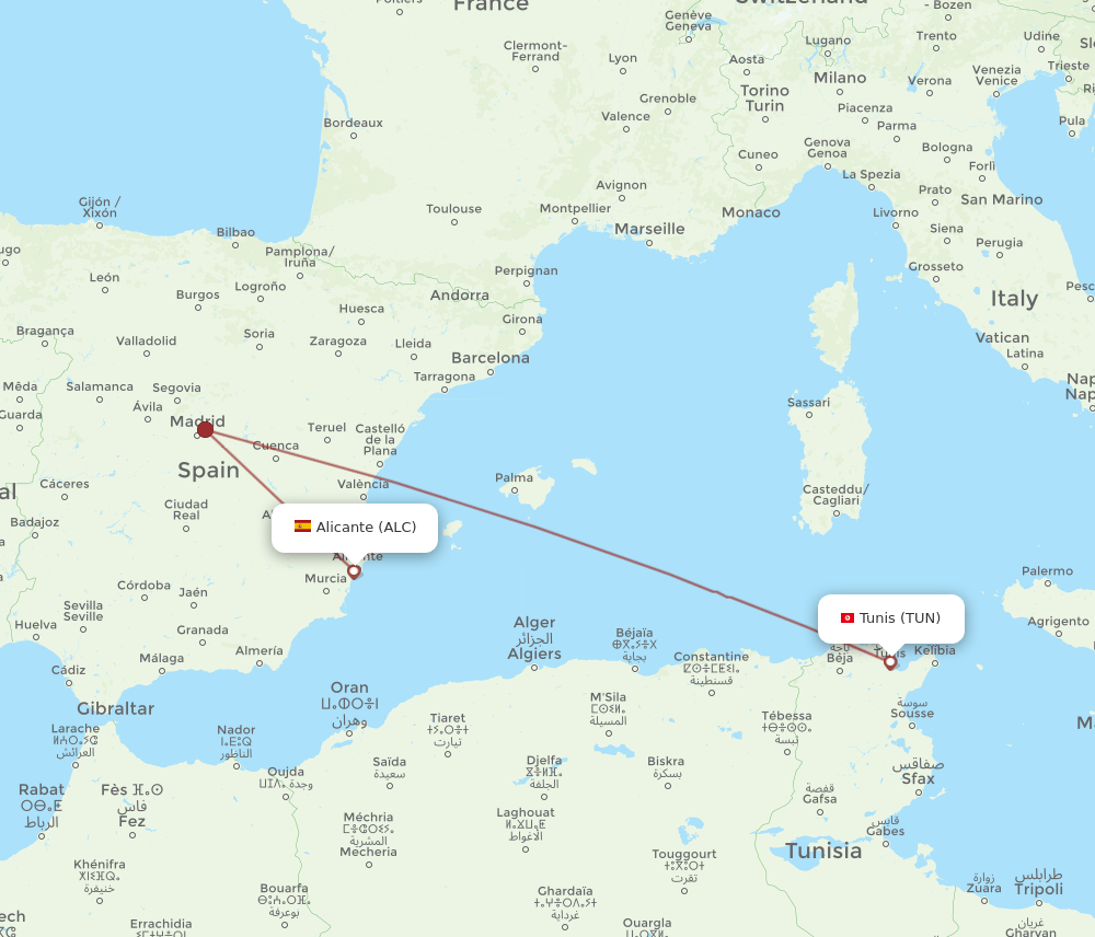 TUN-ALC flight routes