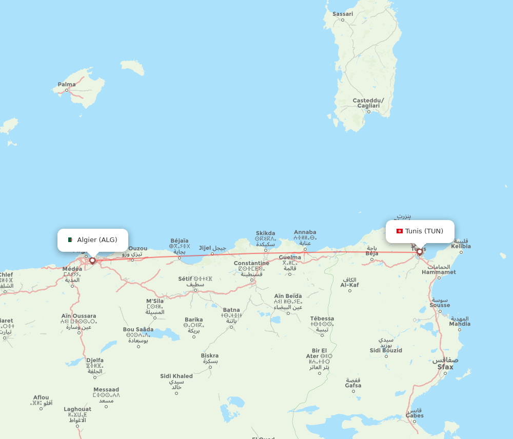 Tunis - Algiers route map and flight paths