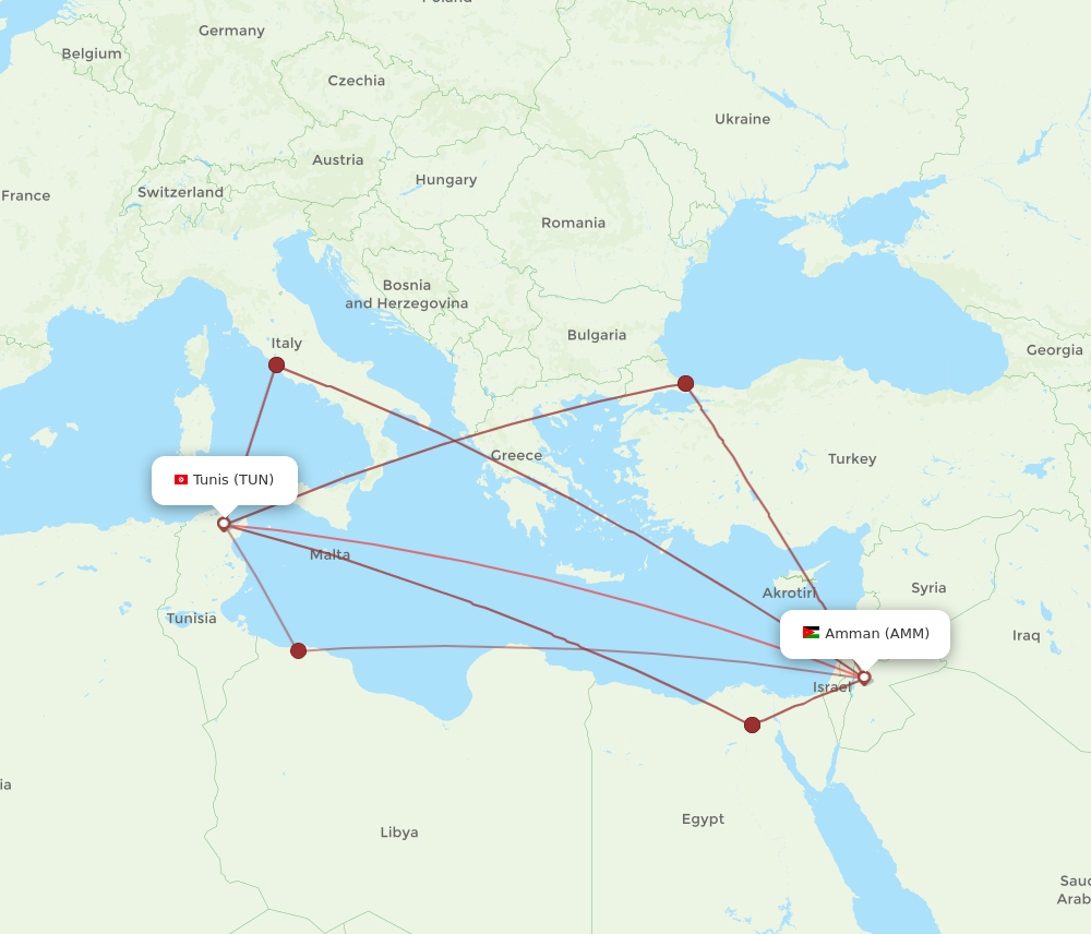 TUN to AMM flights and routes map