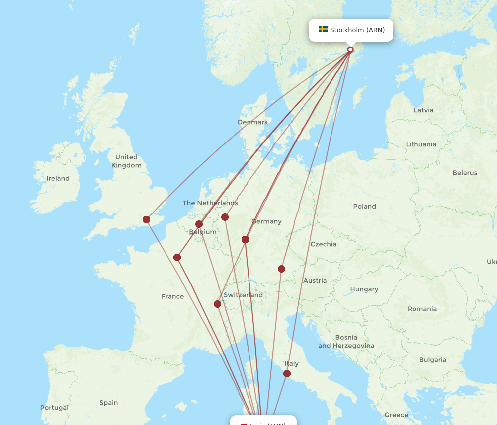 TUN-ARN flight routes