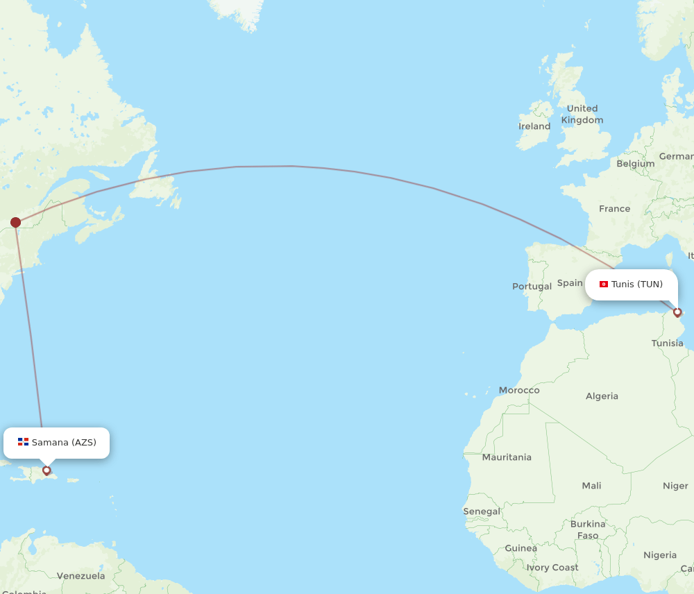 Tunis - El Catey/Samana route map and flight paths