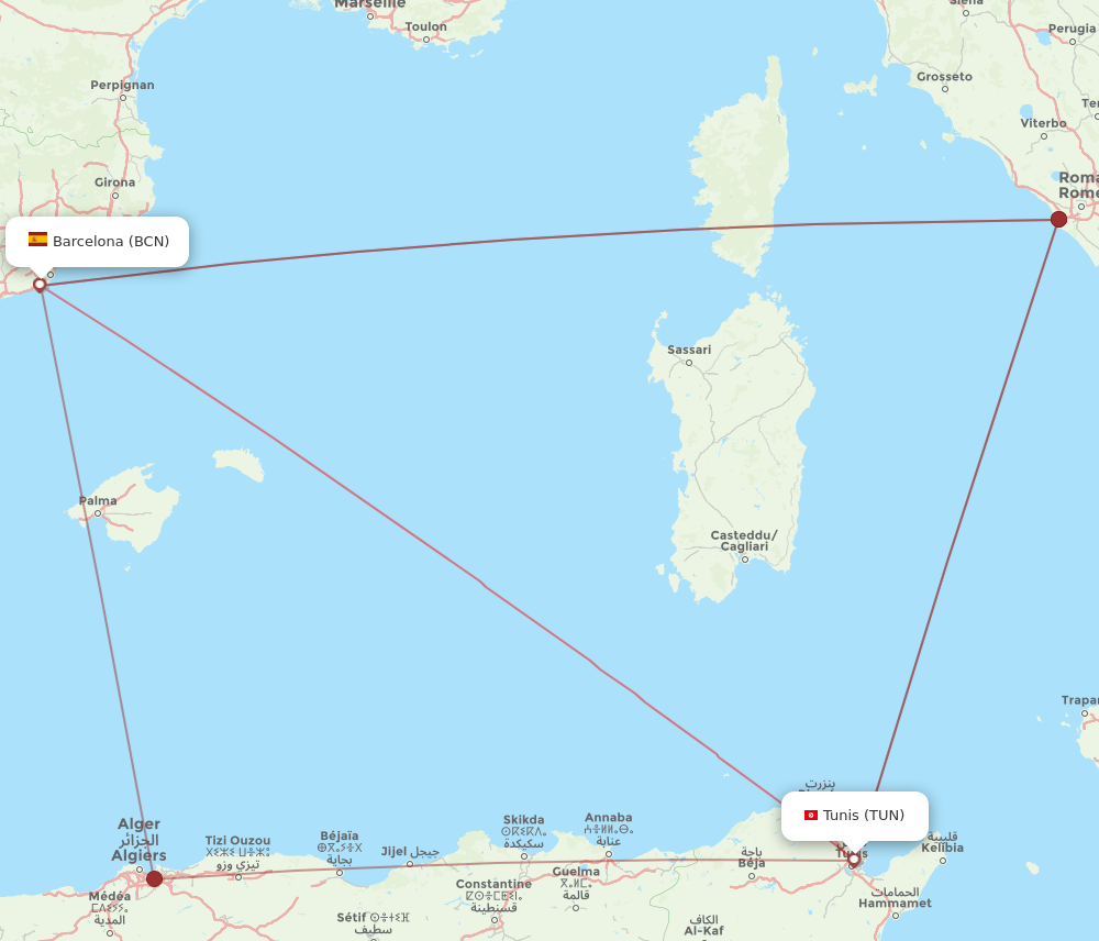 TUN to BCN flights and routes map