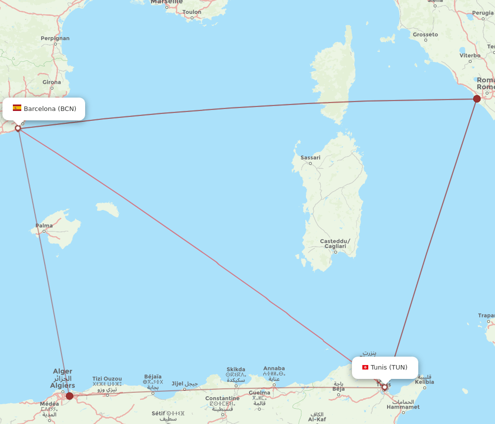 TUN-BCN flight routes