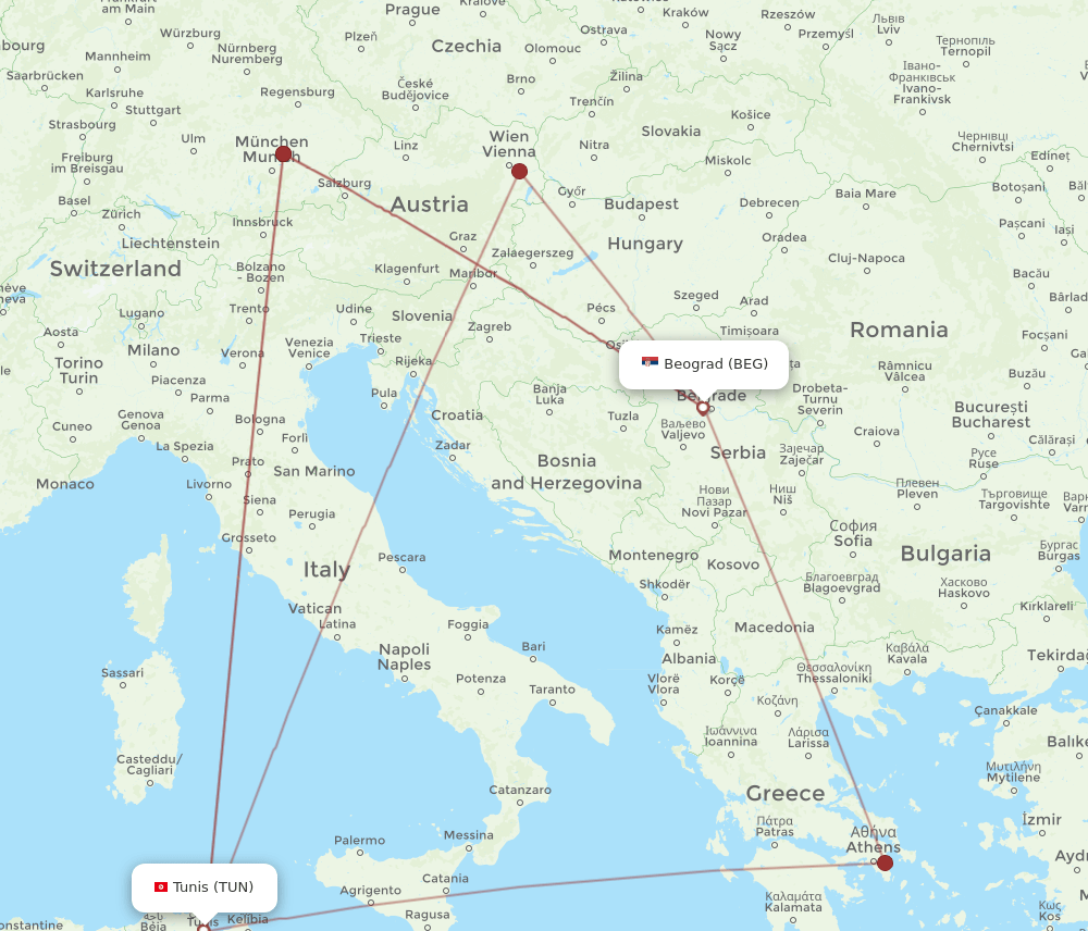 TUN-BEG flight routes