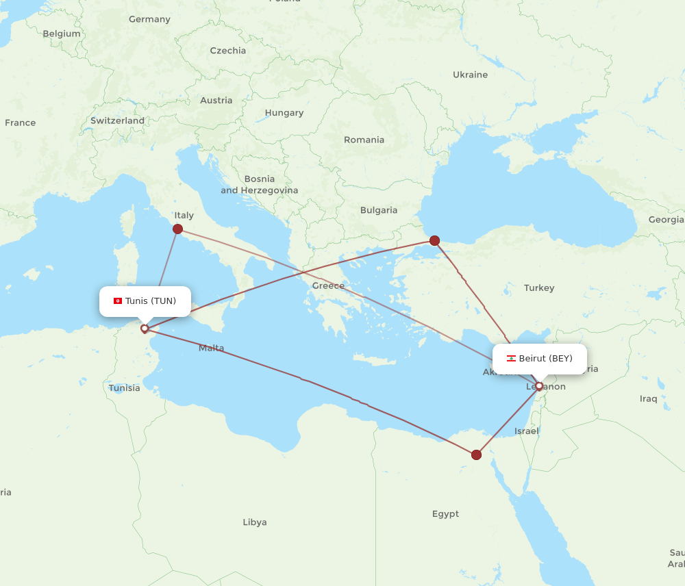 TUN to BEY flights and routes map