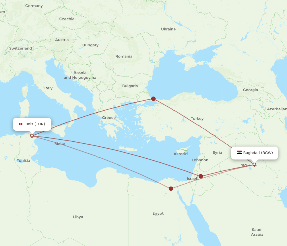 TUN-BGW flight routes