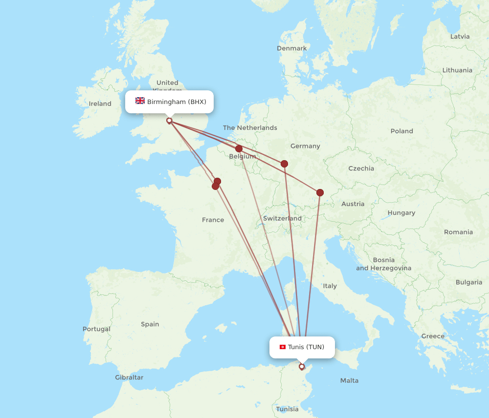 TUN-BHX flight routes