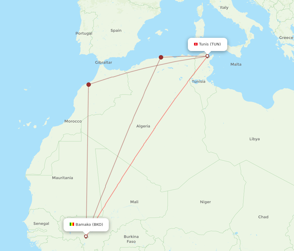 TUN to BKO flights and routes map