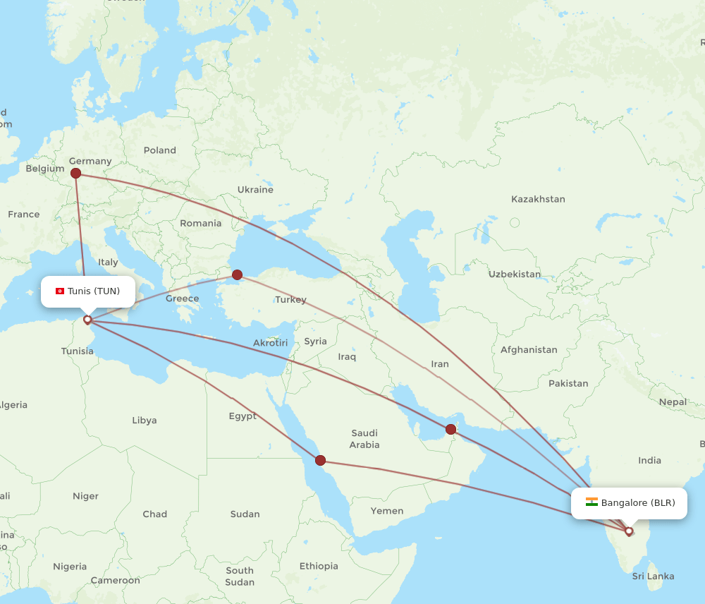 TUN-BLR flight routes