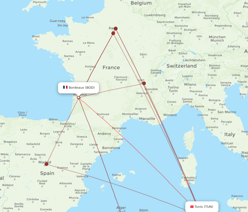 TUN-BOD flight routes