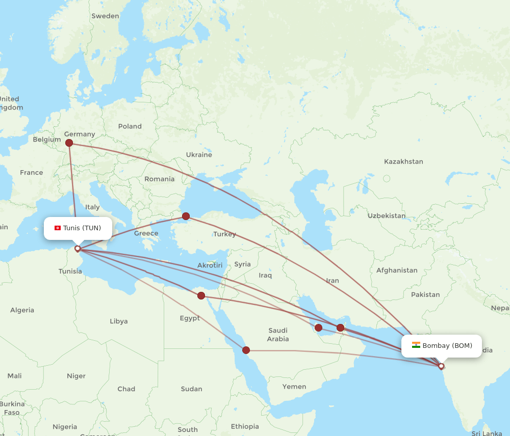 TUN-BOM flight routes