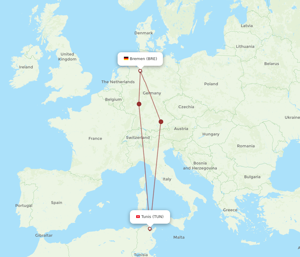 TUN-BRE flight routes