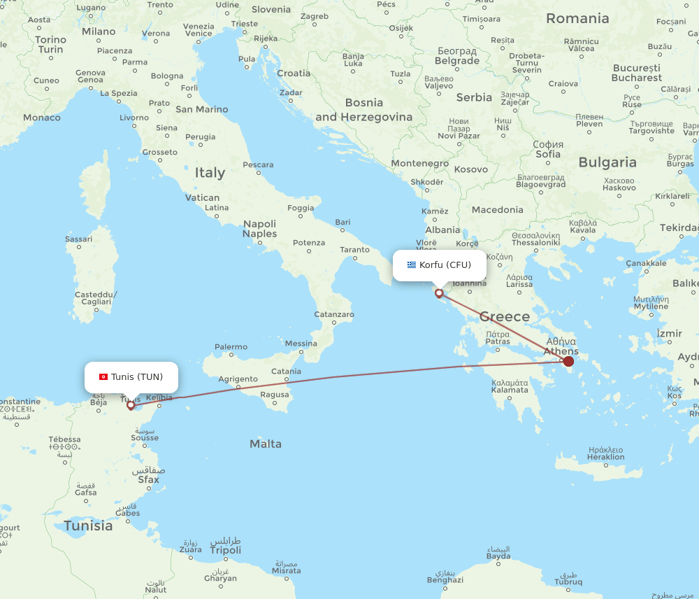 TUN to CFU flights and routes map