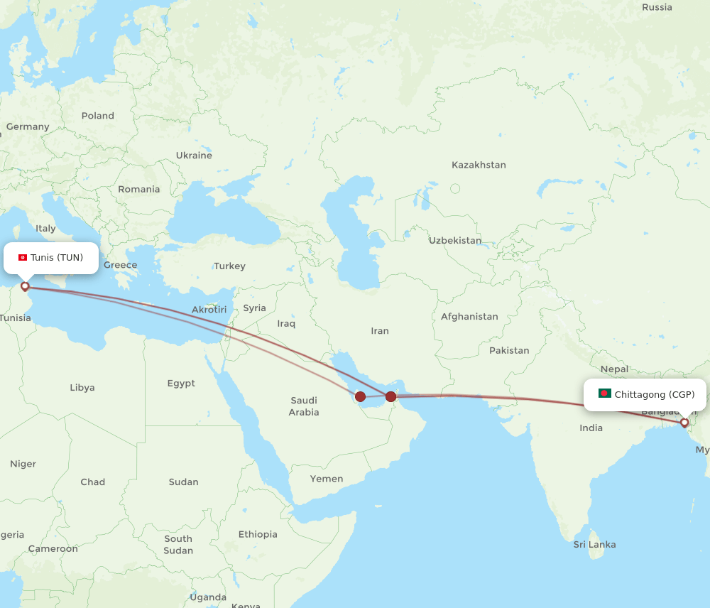 Chittagong - Tunis route map and flight paths