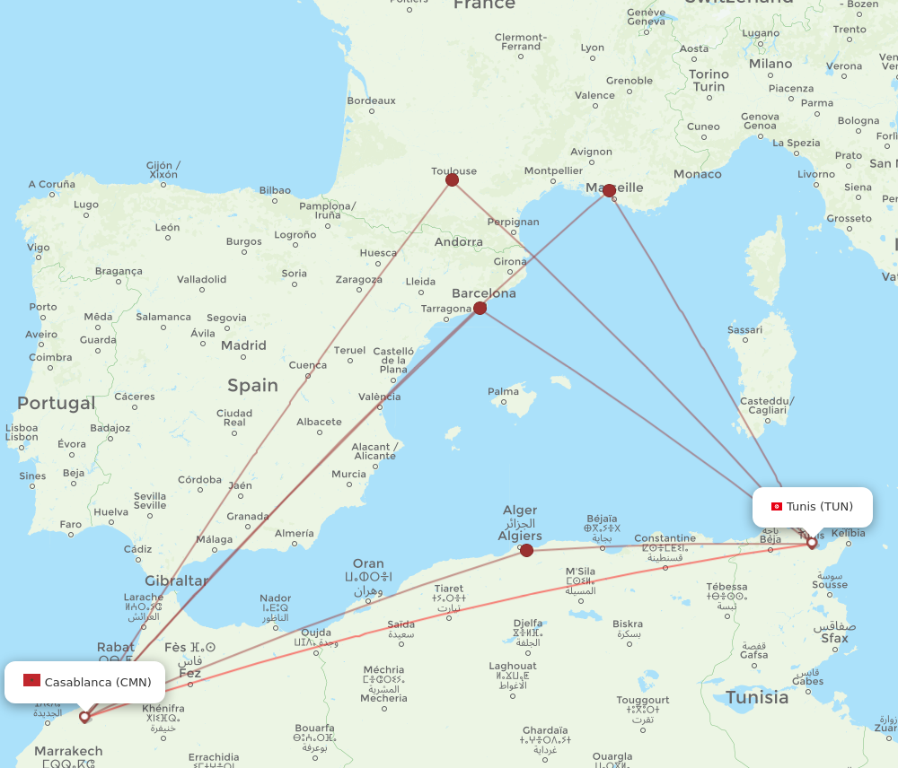 TUN to CMN flights and routes map