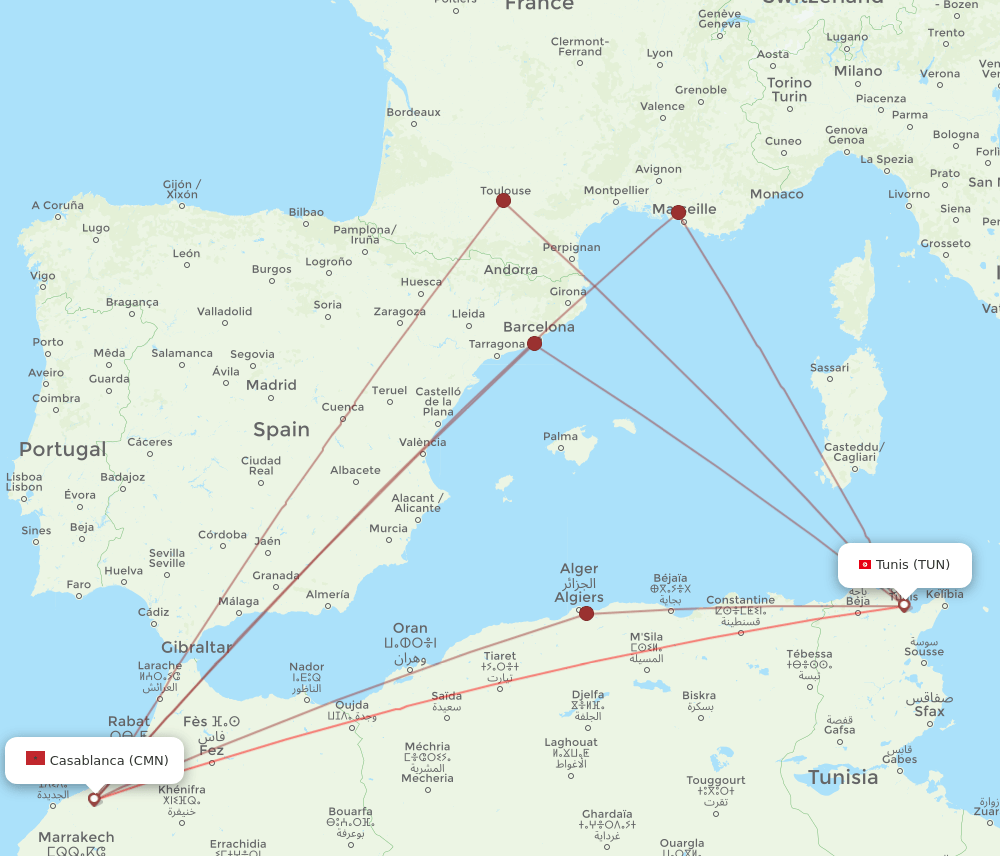 TUN-CMN flight routes