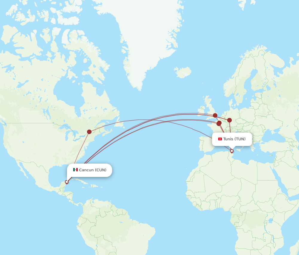 TUN-CUN flight routes