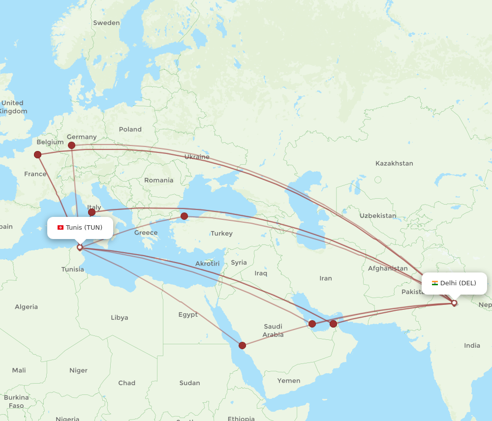 TUN to DEL flights and routes map