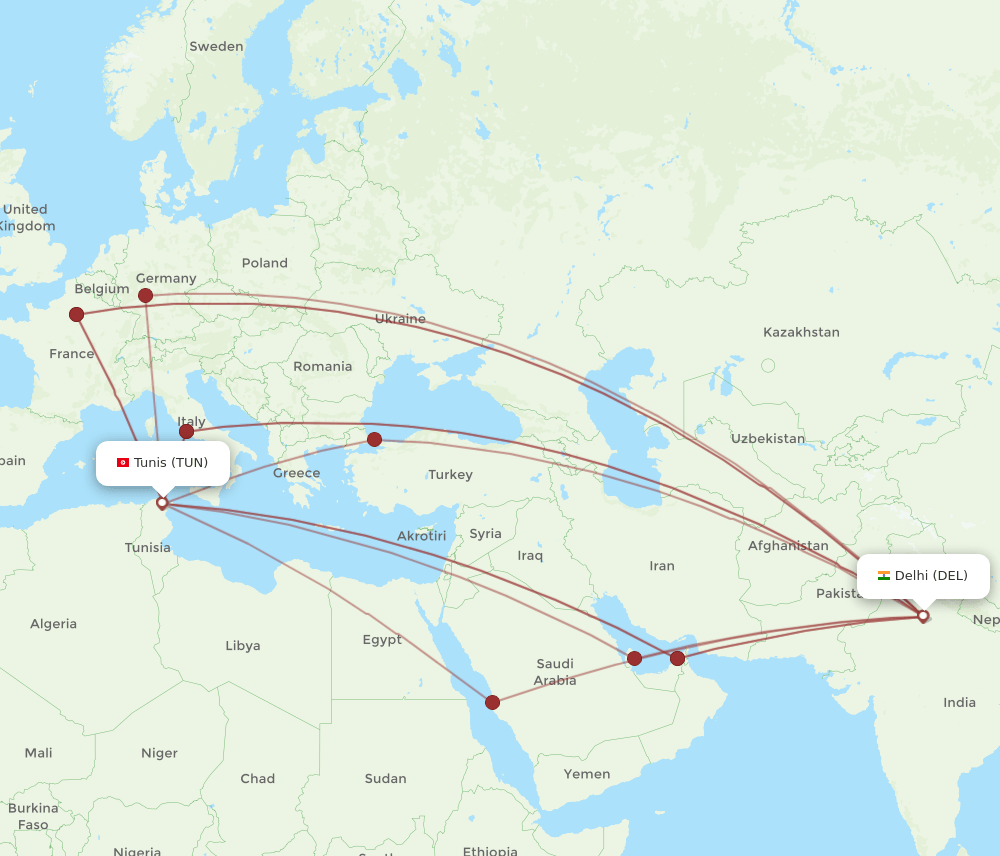 TUN-DEL flight routes