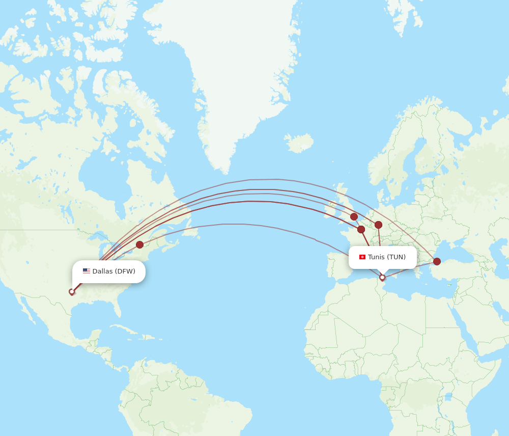 TUN-DFW flight routes