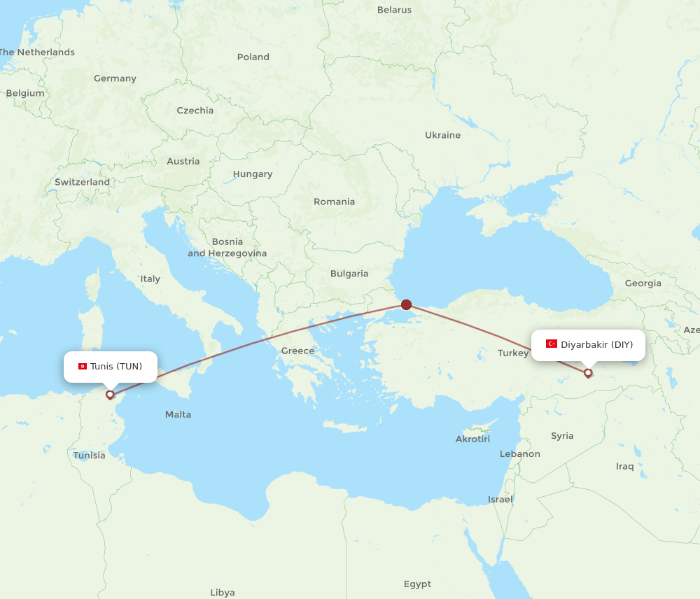 TUN to DIY flights and routes map