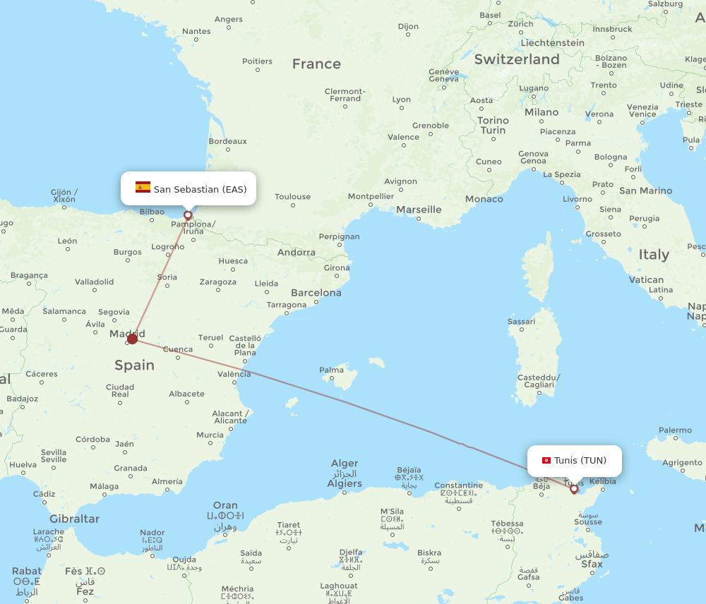 TUN-EAS flight routes