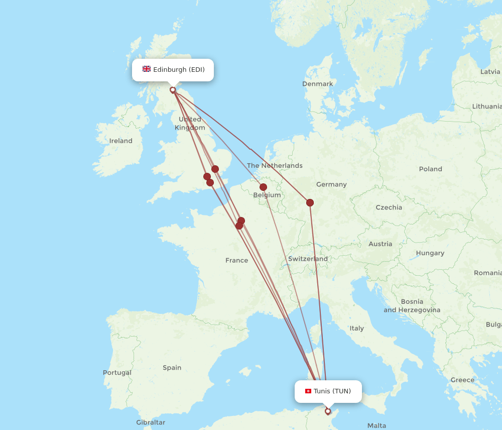 TUN to EDI flights and routes map