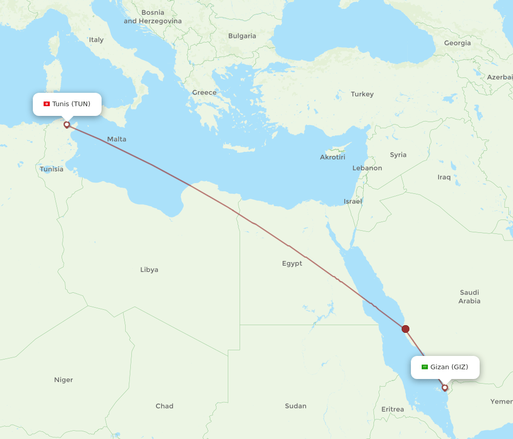 TUN to GIZ flights and routes map