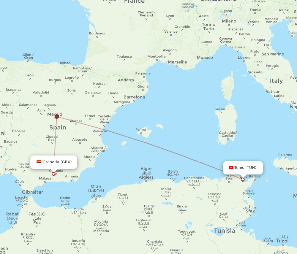 TUN-GRX flight routes