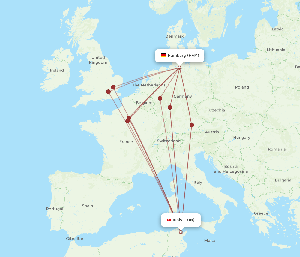 TUN to HAM flights and routes map