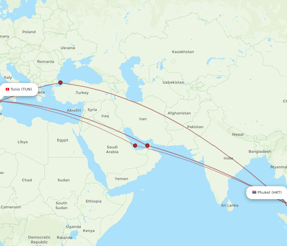 TUN to HKT flights and routes map