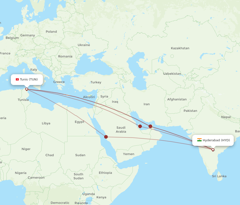TUN to HYD flights and routes map