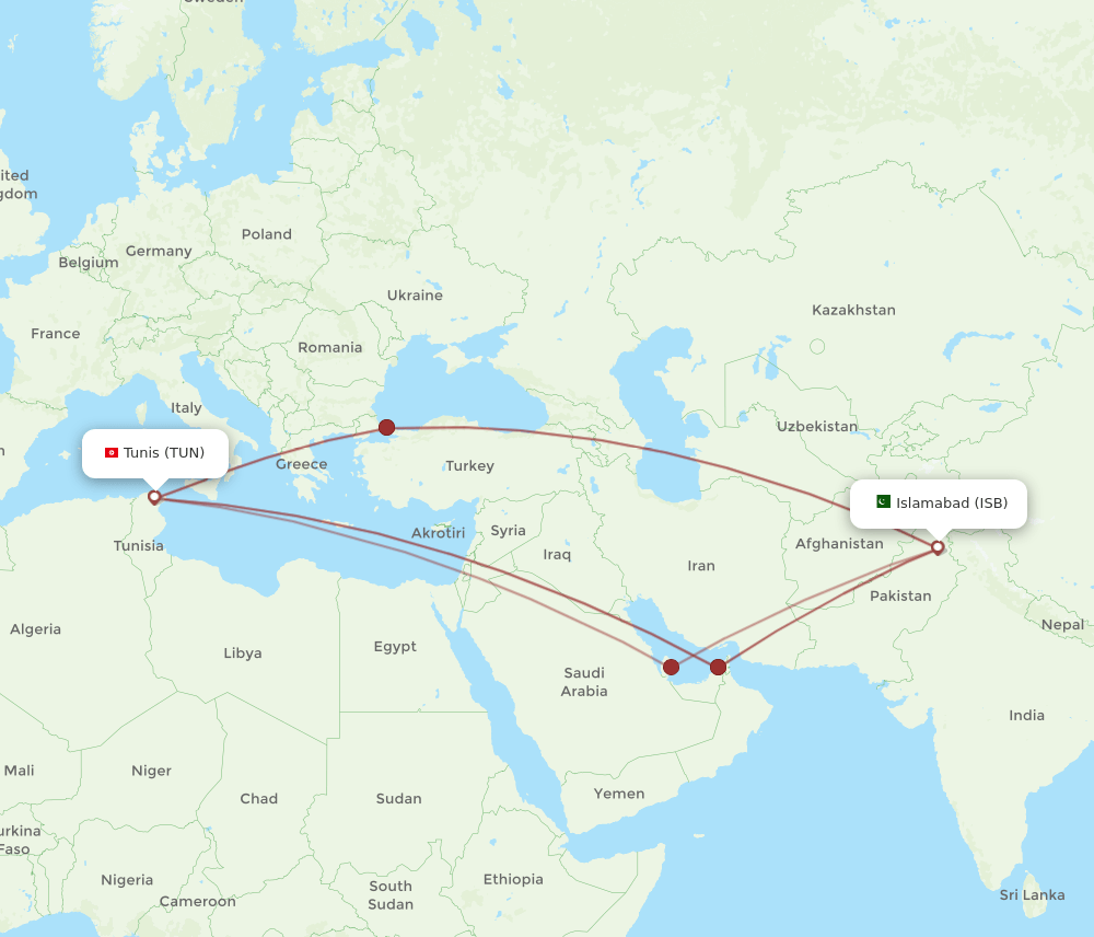 TUN to ISB flights and routes map