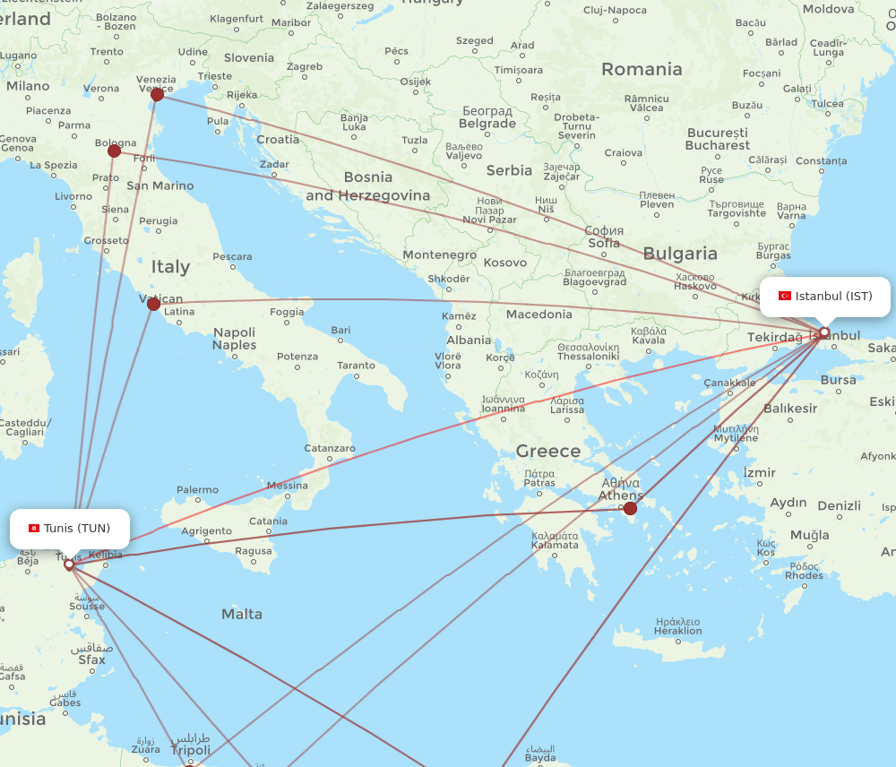 TUN to IST flights and routes map